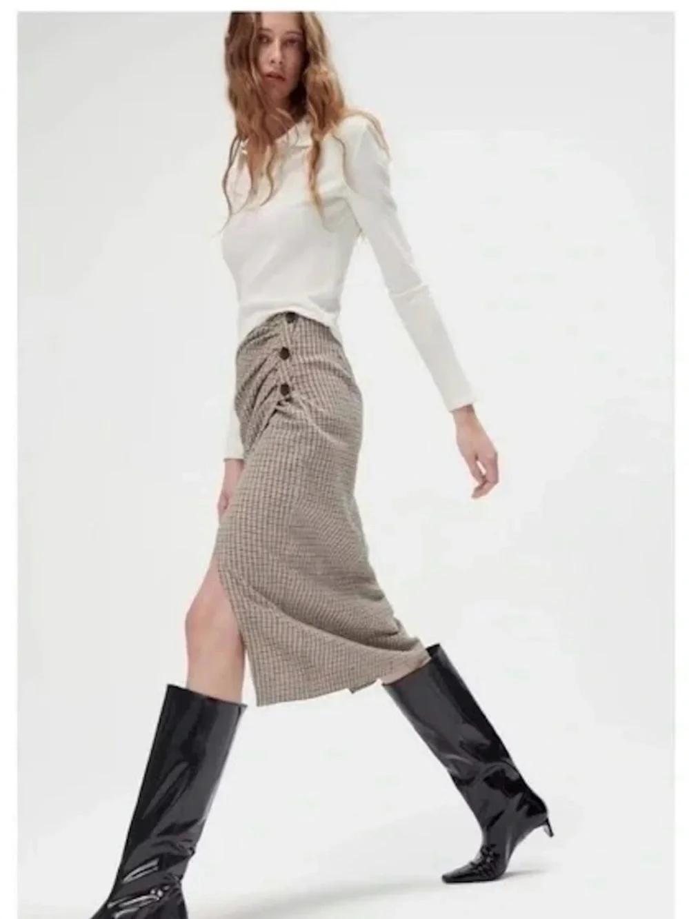Zara‎ Wrap Buttons Pencil Skirt Plaid Houndstooth Check Size M NWOT